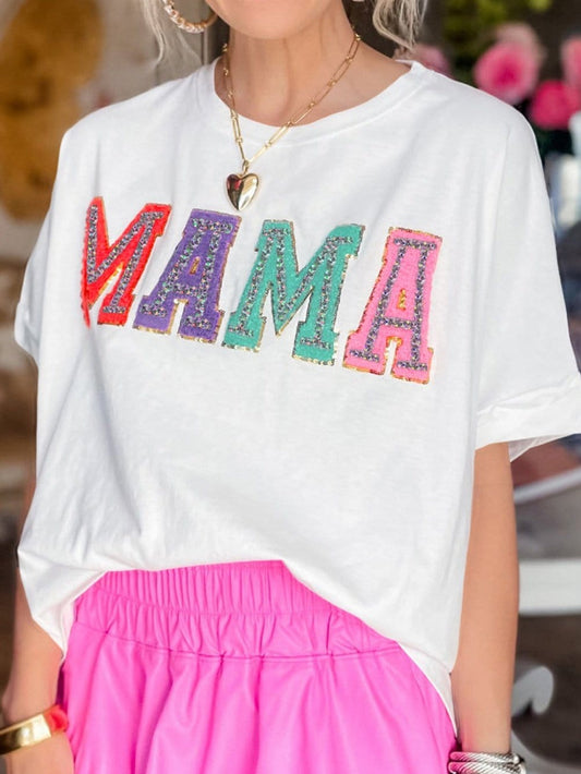 Chenille Mama Patched White Crew Neck T-Shirt
