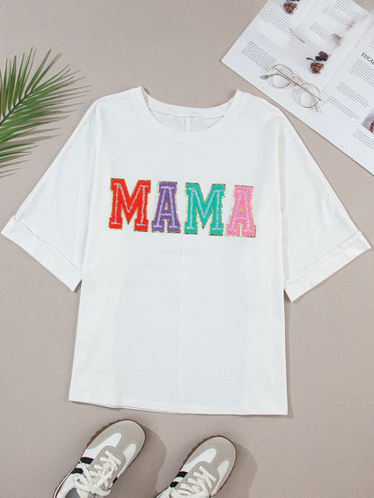 Chenille Mama Patched White Crew Neck T-Shirt