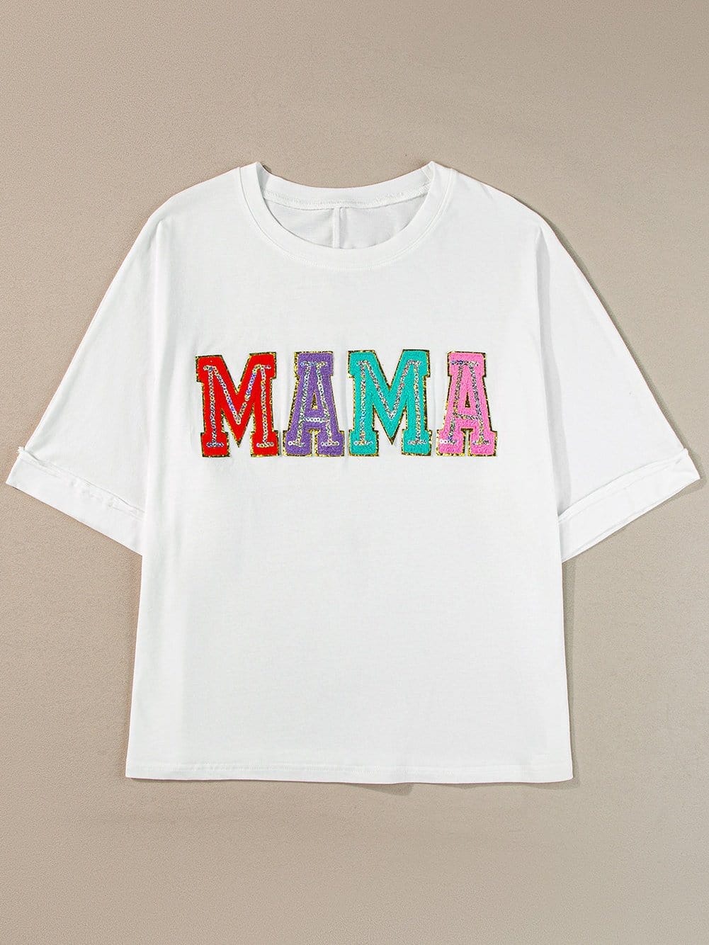 Chenille Mama Patched White Crew Neck T-Shirt