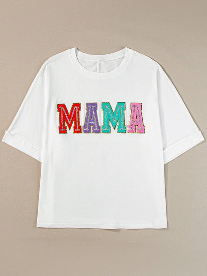 Chenille Mama Patched White Crew Neck T-Shirt