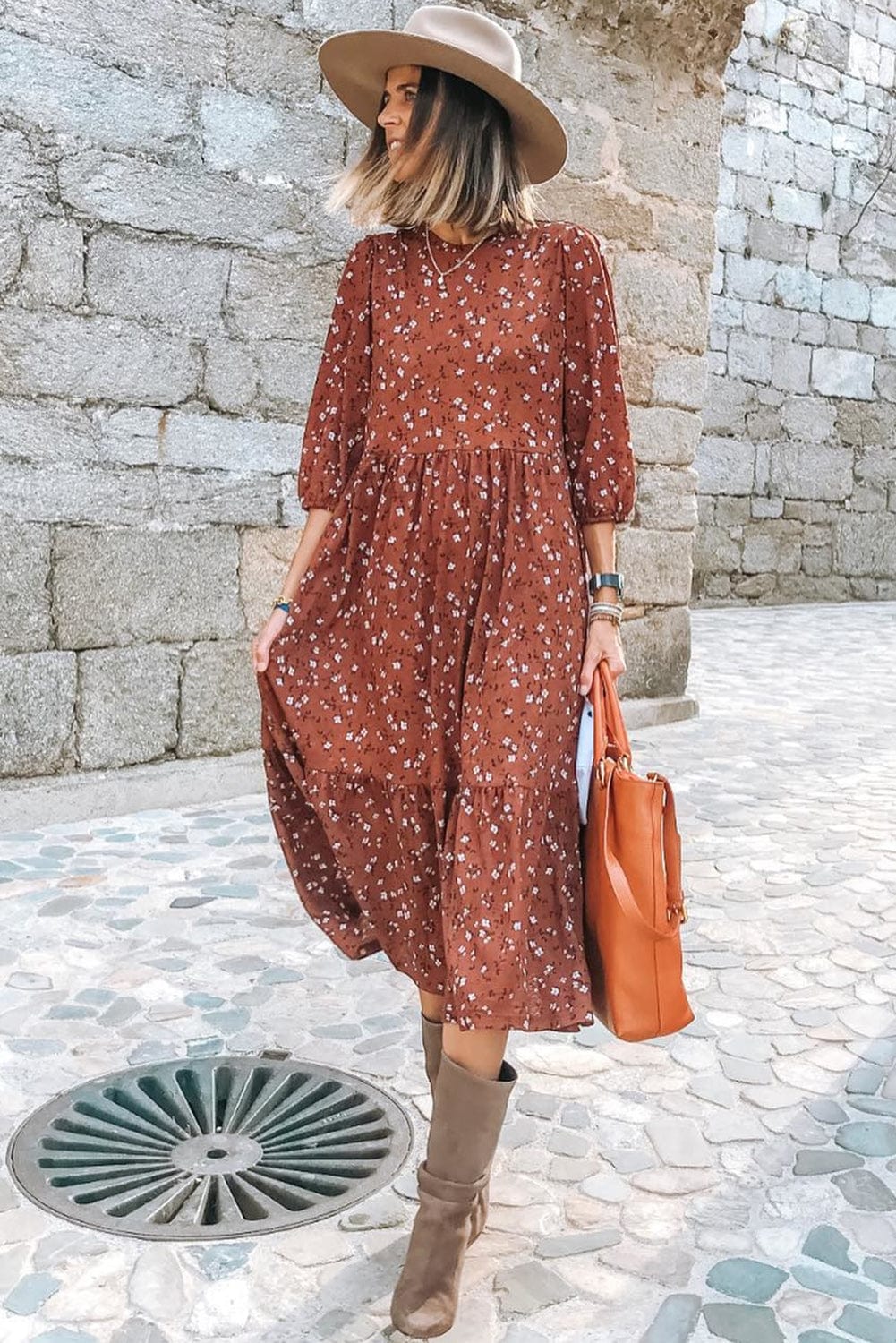 Chestnut Blossom 3/4 Sleeve Flowy Hem Midi Dress