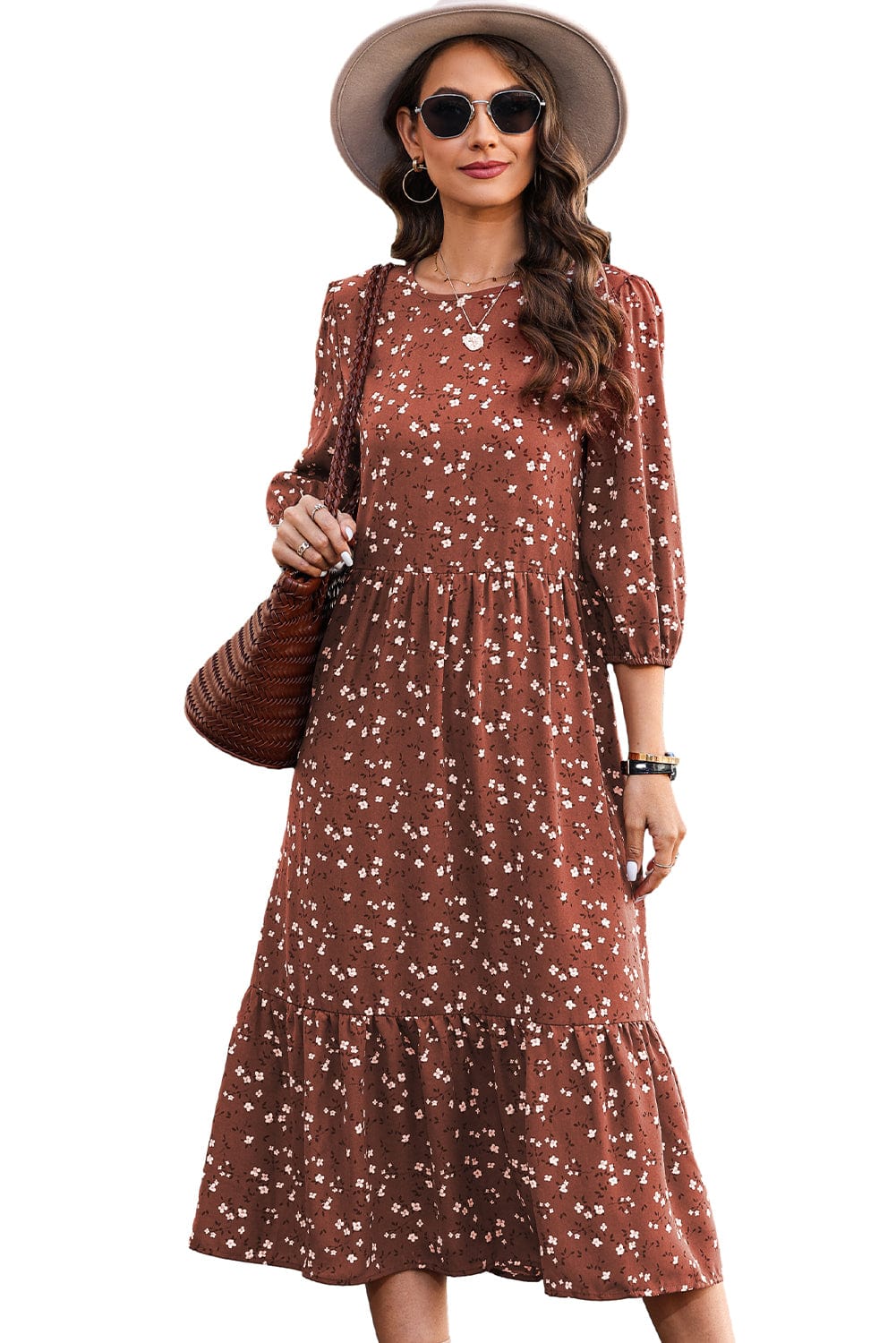 Chestnut Blossom 3/4 Sleeve Flowy Hem Midi Dress