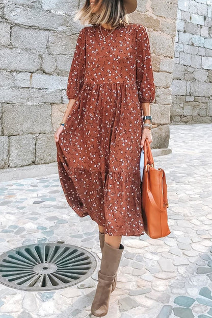 Chestnut Blossom 3/4 Sleeve Flowy Hem Midi Dress