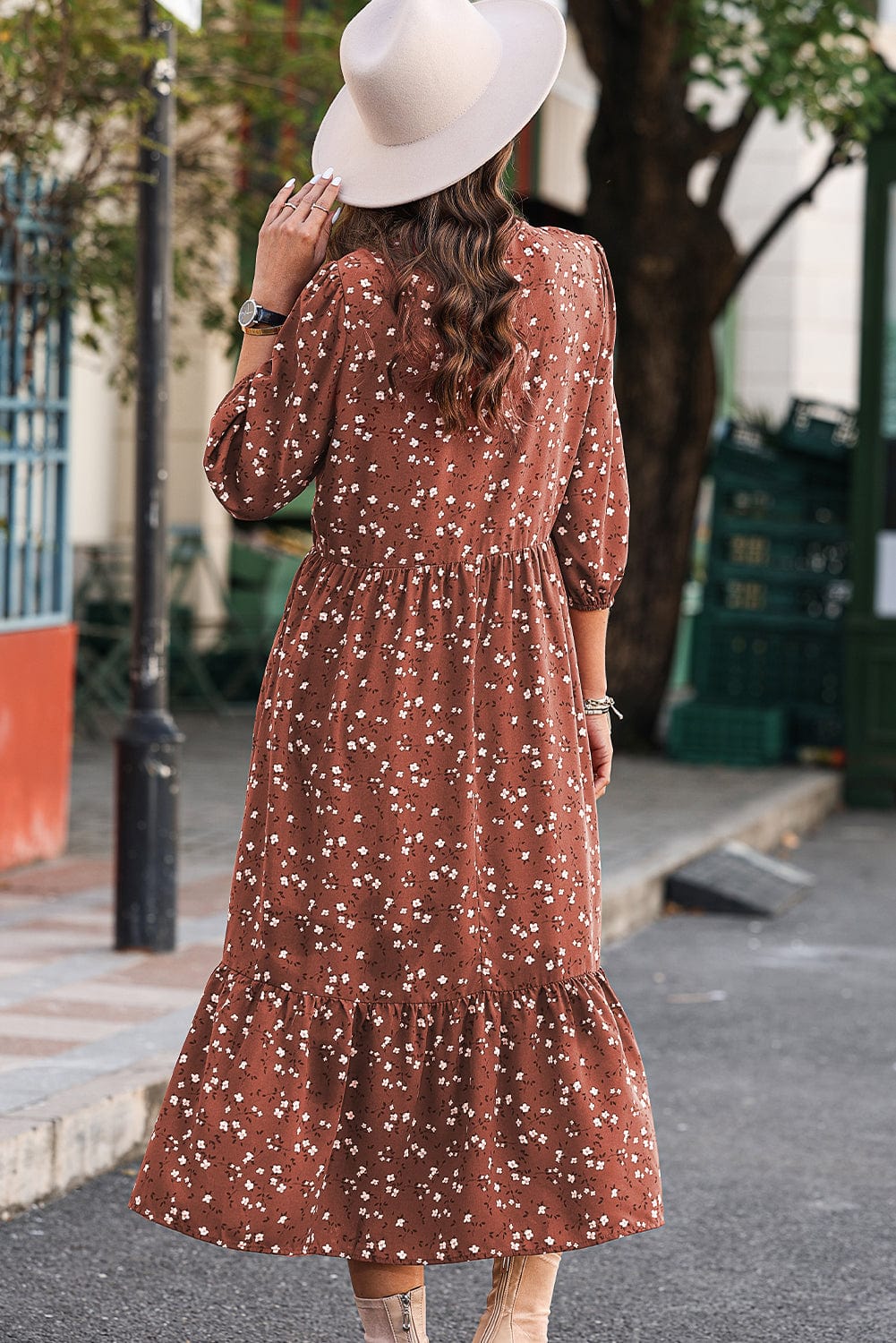 Chestnut Blossom 3/4 Sleeve Flowy Hem Midi Dress