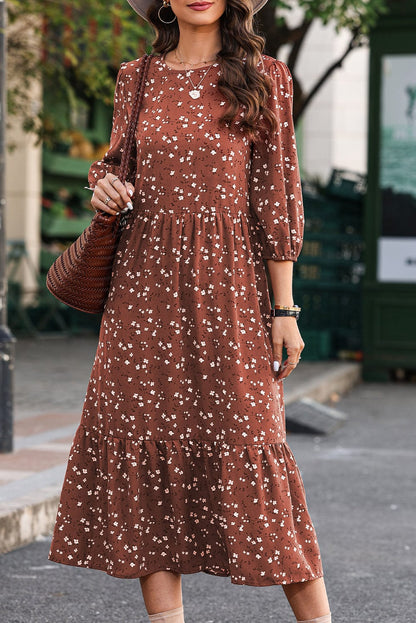 Chestnut Blossom 3/4 Sleeve Flowy Hem Midi Dress