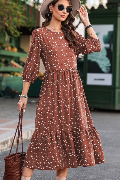 Chestnut Blossom 3/4 Sleeve Flowy Hem Midi Dress