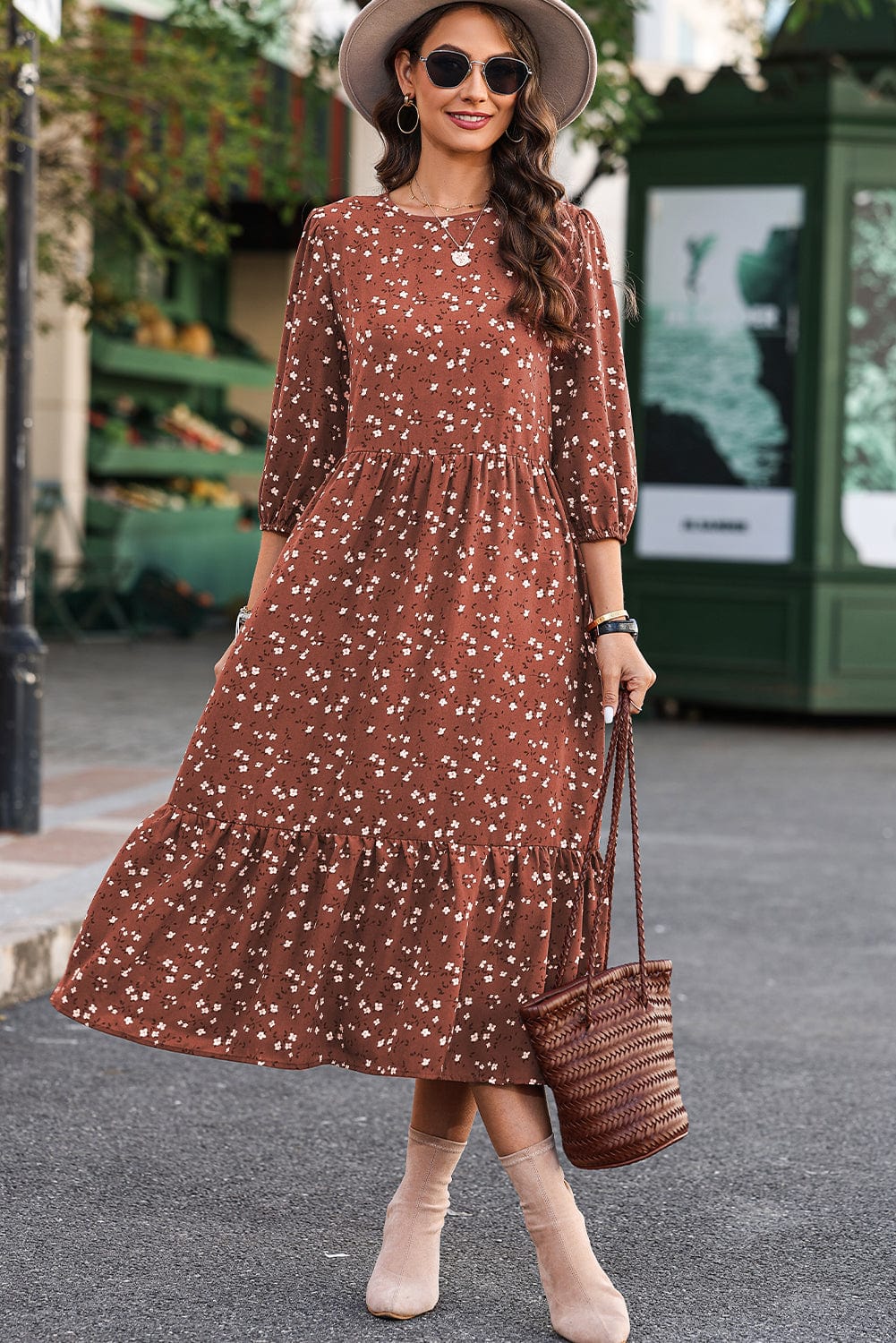 Chestnut Blossom 3/4 Sleeve Flowy Hem Midi Dress