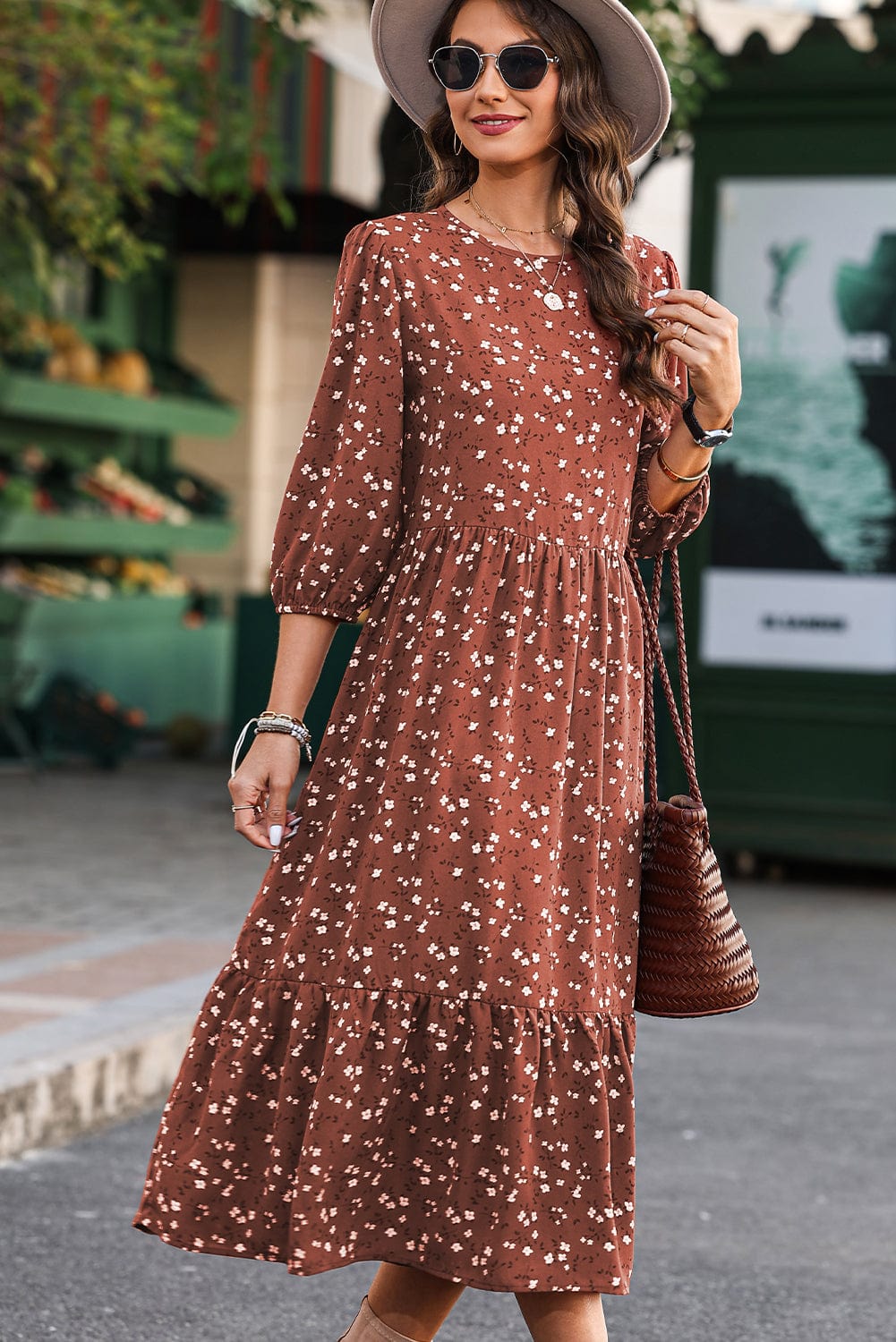 Chestnut Blossom 3/4 Sleeve Flowy Hem Midi Dress