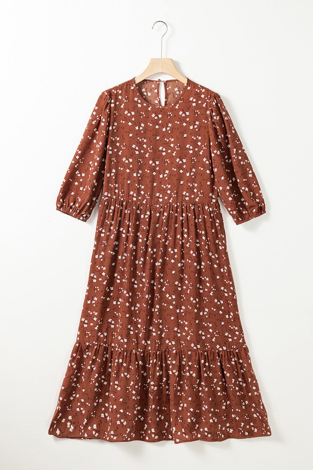 Chestnut Blossom 3/4 Sleeve Flowy Hem Midi Dress