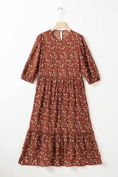 Chestnut Blossom 3/4 Sleeve Flowy Hem Midi Dress