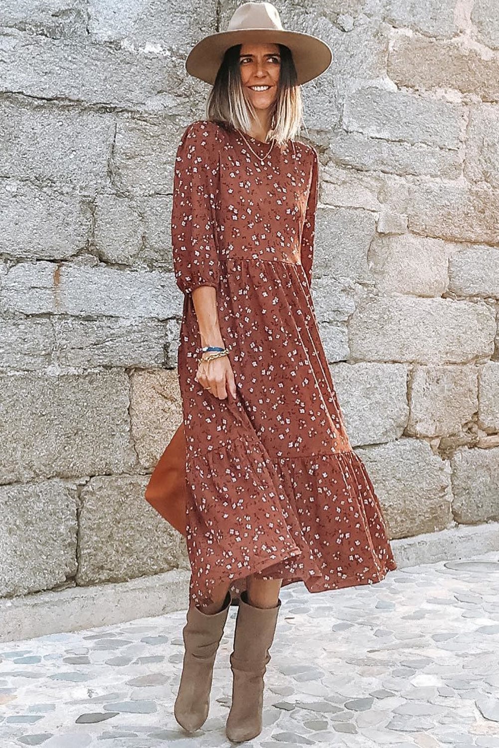 Chestnut Blossom 3/4 Sleeve Flowy Hem Midi Dress