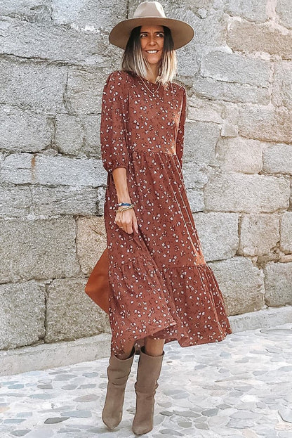 Chestnut Blossom 3/4 Sleeve Flowy Hem Midi Dress