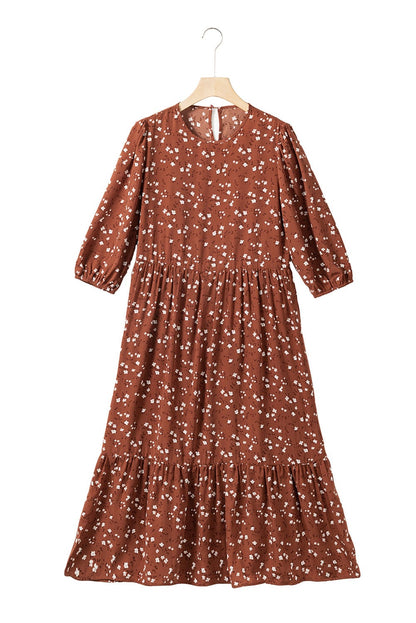Chestnut Blossom 3/4 Sleeve Flowy Hem Midi Dress