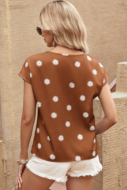 Chestnut Daisy Pattern Short Sleeve Blouse