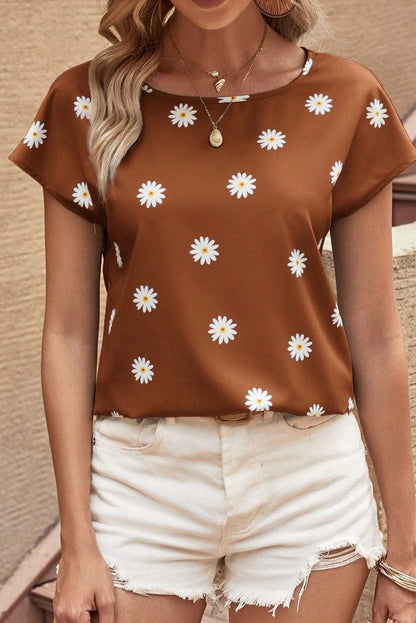 Chestnut Daisy Pattern Short Sleeve Blouse