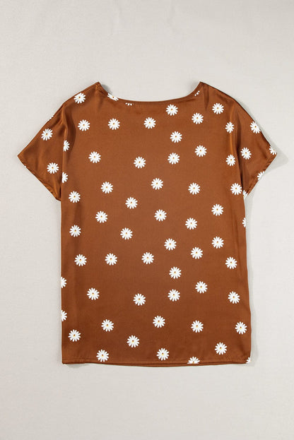 Chestnut Daisy Pattern Short Sleeve Blouse