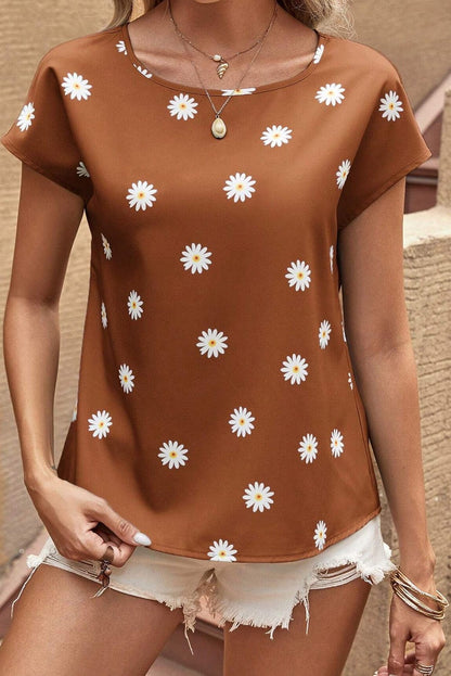 Chestnut Daisy Pattern Short Sleeve Blouse