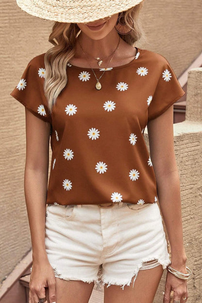 Chestnut Daisy Pattern Short Sleeve Blouse