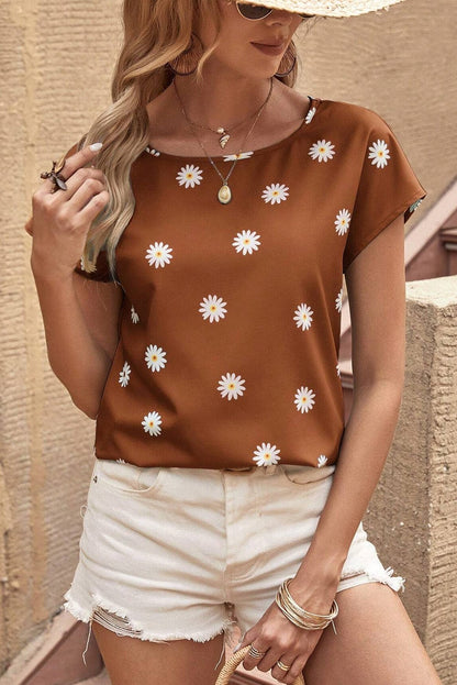 Chestnut Daisy Pattern Short Sleeve Blouse