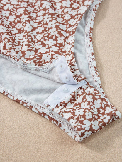 Chestnut Floral Print V-Neck Spaghetti Strap Bodycon Bodysuit