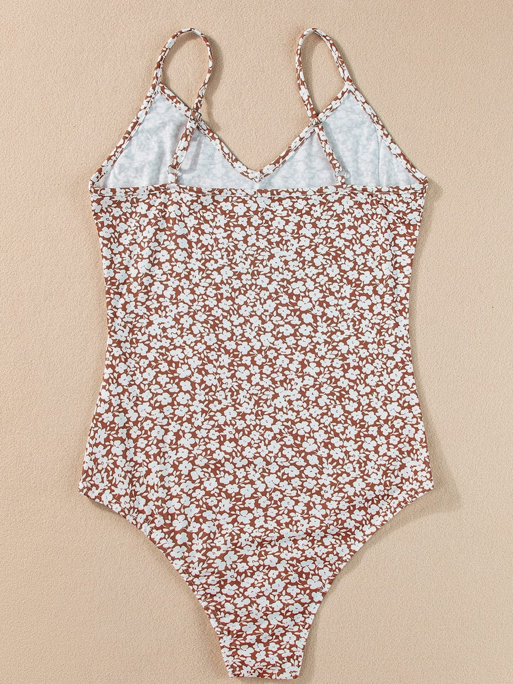 Chestnut Floral Print V-Neck Spaghetti Strap Bodycon Bodysuit