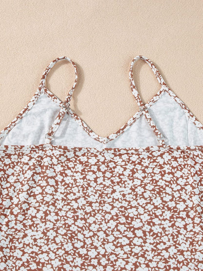 Chestnut Floral Print V-Neck Spaghetti Strap Bodycon Bodysuit