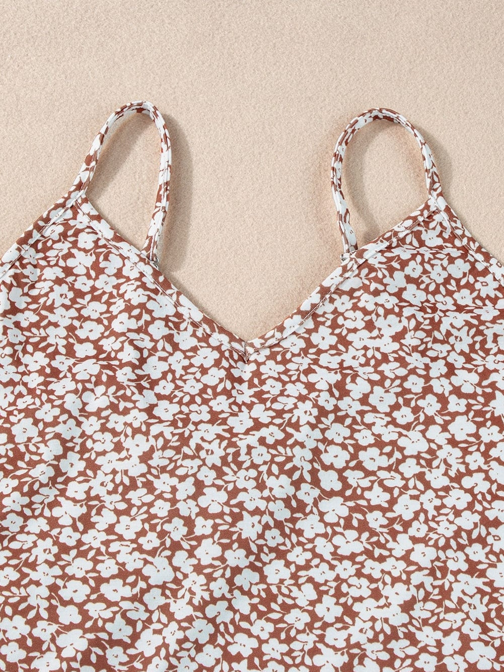 Chestnut Floral Print V-Neck Spaghetti Strap Bodycon Bodysuit