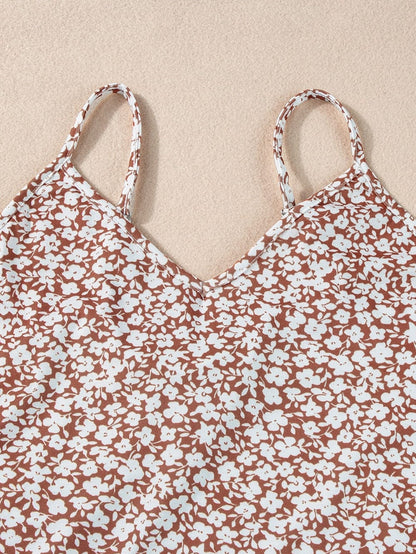 Chestnut Floral Print V-Neck Spaghetti Strap Bodycon Bodysuit