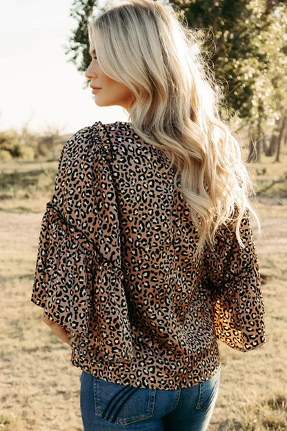 Chestnut Leopard Print Ruffle Sleeve Shift Blouse