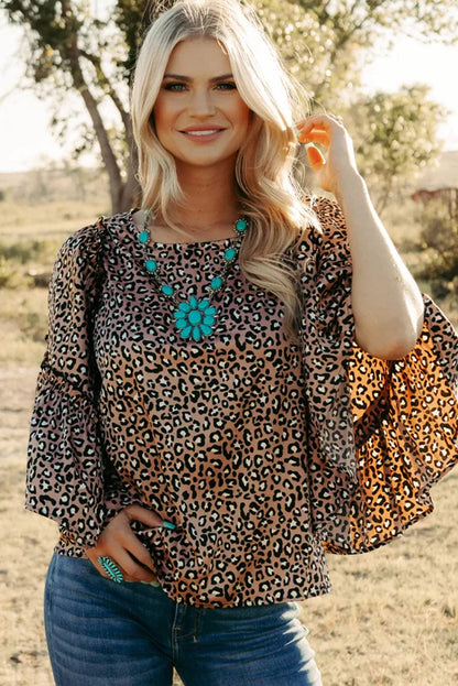 Chestnut Leopard Print Ruffle Sleeve Shift Blouse