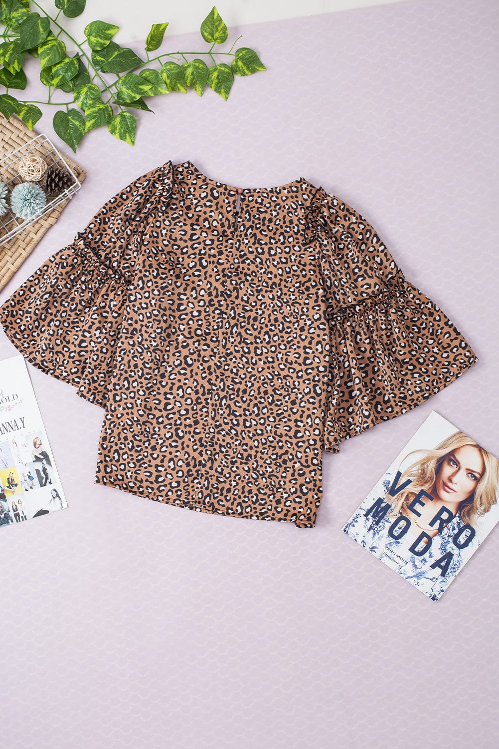Chestnut Leopard Print Ruffle Sleeve Shift Blouse