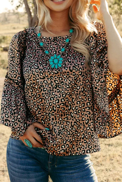 Chestnut Leopard Print Ruffle Sleeve Shift Blouse