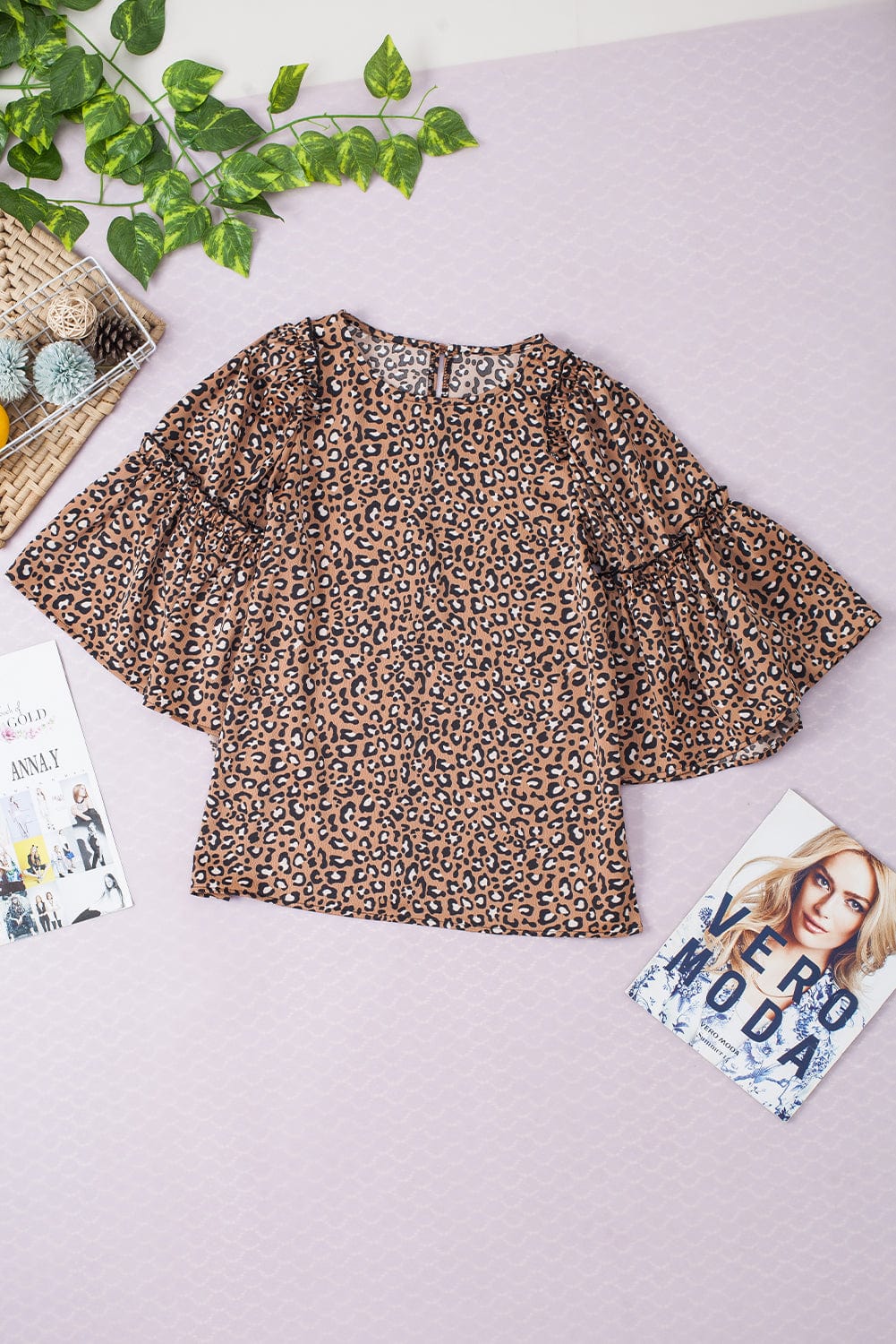 Chestnut Leopard Print Ruffle Sleeve Shift Blouse