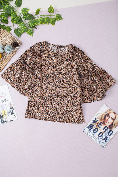 Chestnut Leopard Print Ruffle Sleeve Shift Blouse