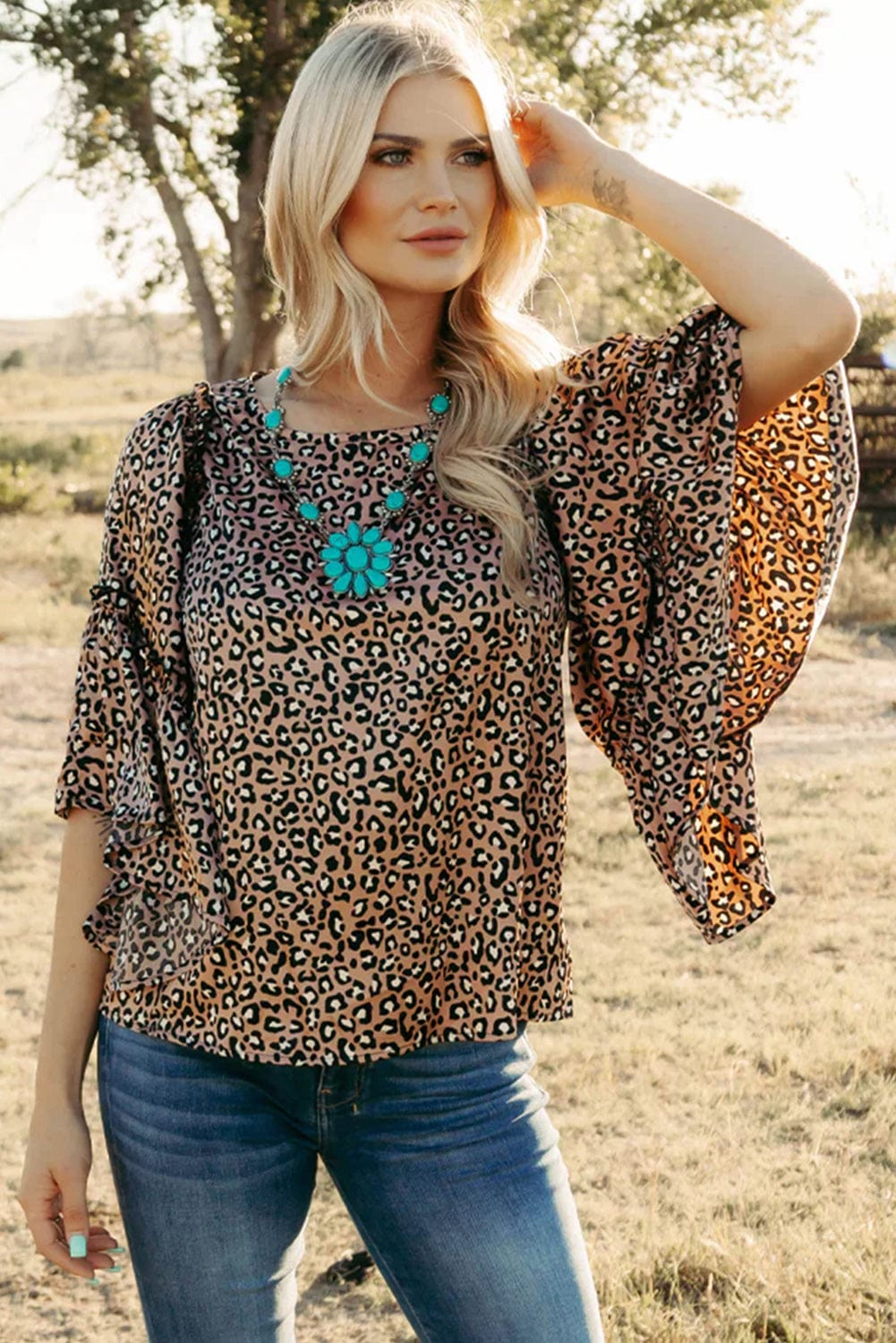 Chestnut Leopard Print Ruffle Sleeve Shift Blouse