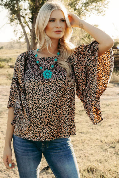 Chestnut Leopard Print Ruffle Sleeve Shift Blouse