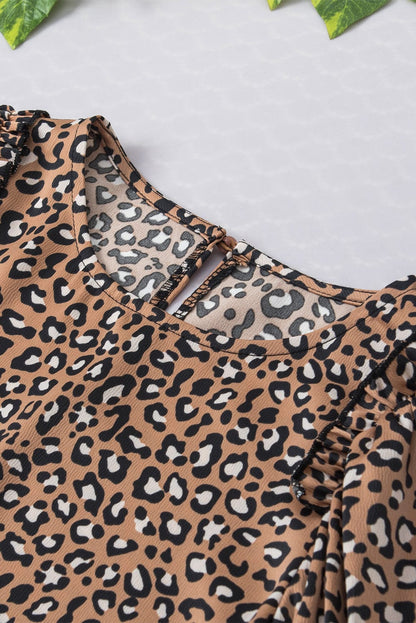 Chestnut Leopard Print Ruffle Sleeve Shift Blouse