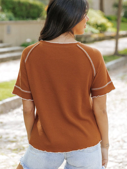 Chestnut Textured Frill Hem Waffle Knit Tee