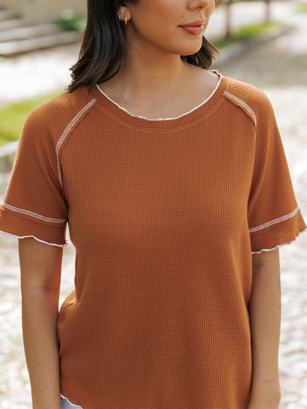 Chestnut Textured Frill Hem Waffle Knit Tee