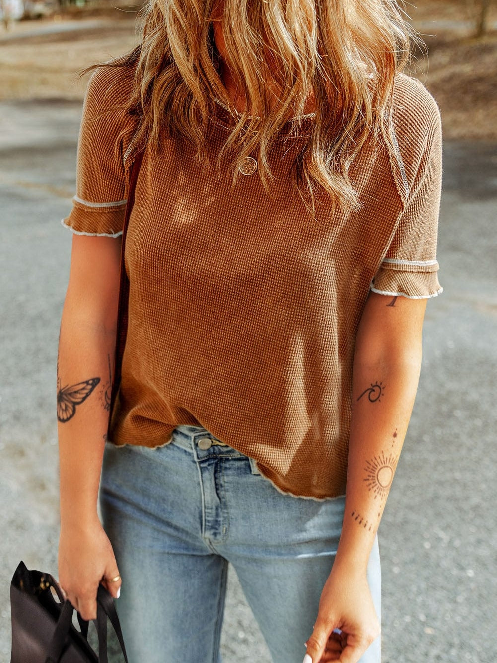 Chestnut Textured Frill Hem Waffle Knit Tee