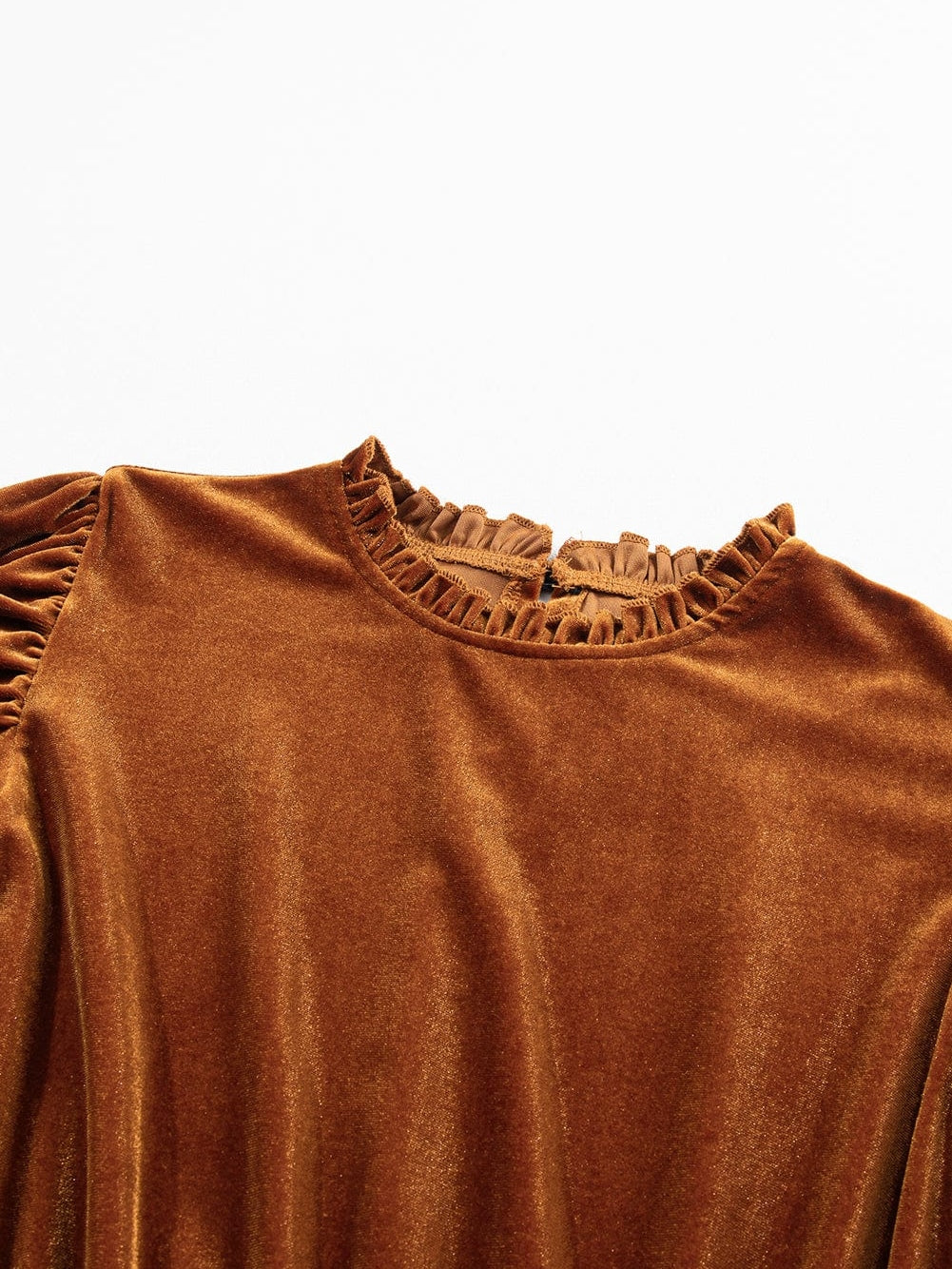Chestnut Velour Ruffled Neck Gigot Sleeve Swing Frock