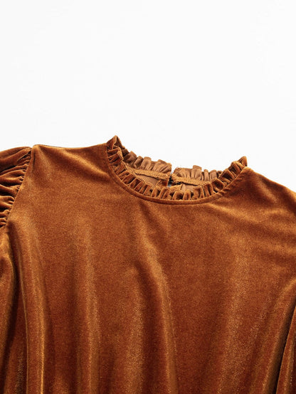 Chestnut Velour Ruffled Neck Gigot Sleeve Swing Frock