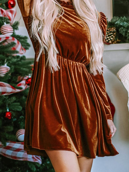 Chestnut Velour Ruffled Neck Gigot Sleeve Swing Frock