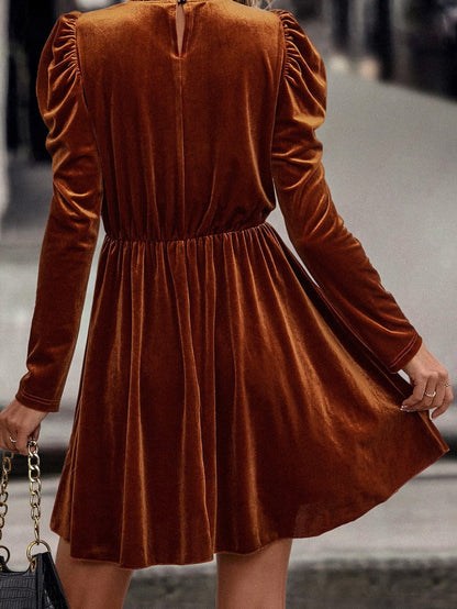 Chestnut Velour Ruffled Neck Gigot Sleeve Swing Frock