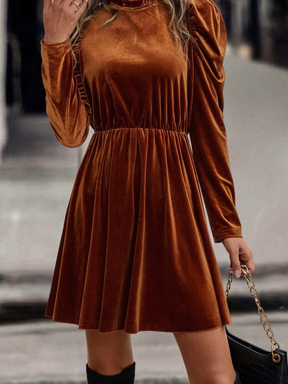 Chestnut Velour Ruffled Neck Gigot Sleeve Swing Frock