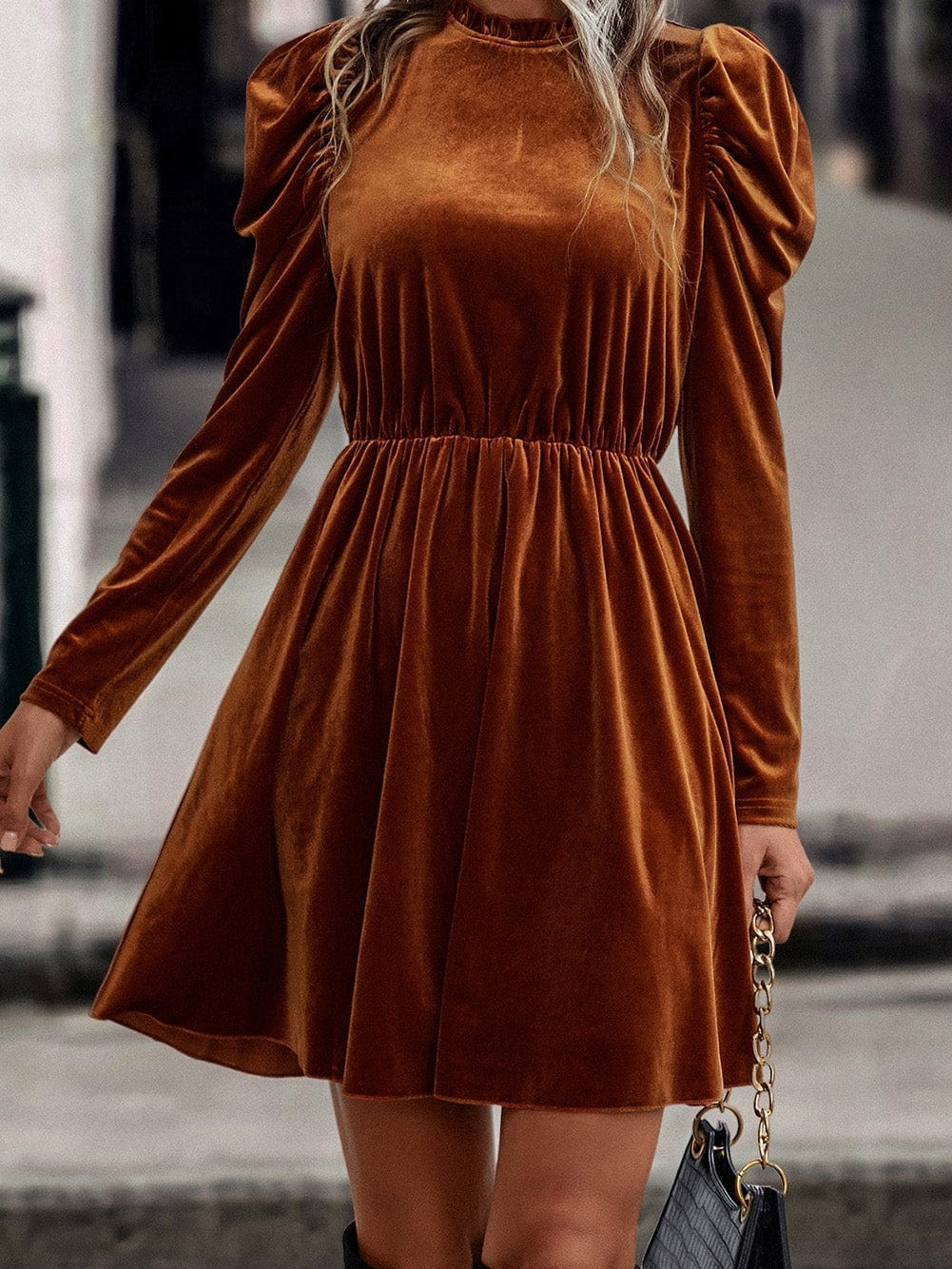 Chestnut Velour Ruffled Neck Gigot Sleeve Swing Frock