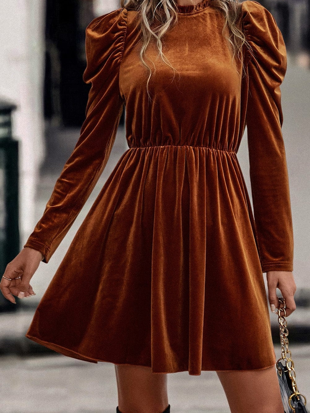 Chestnut Velour Ruffled Neck Gigot Sleeve Swing Frock