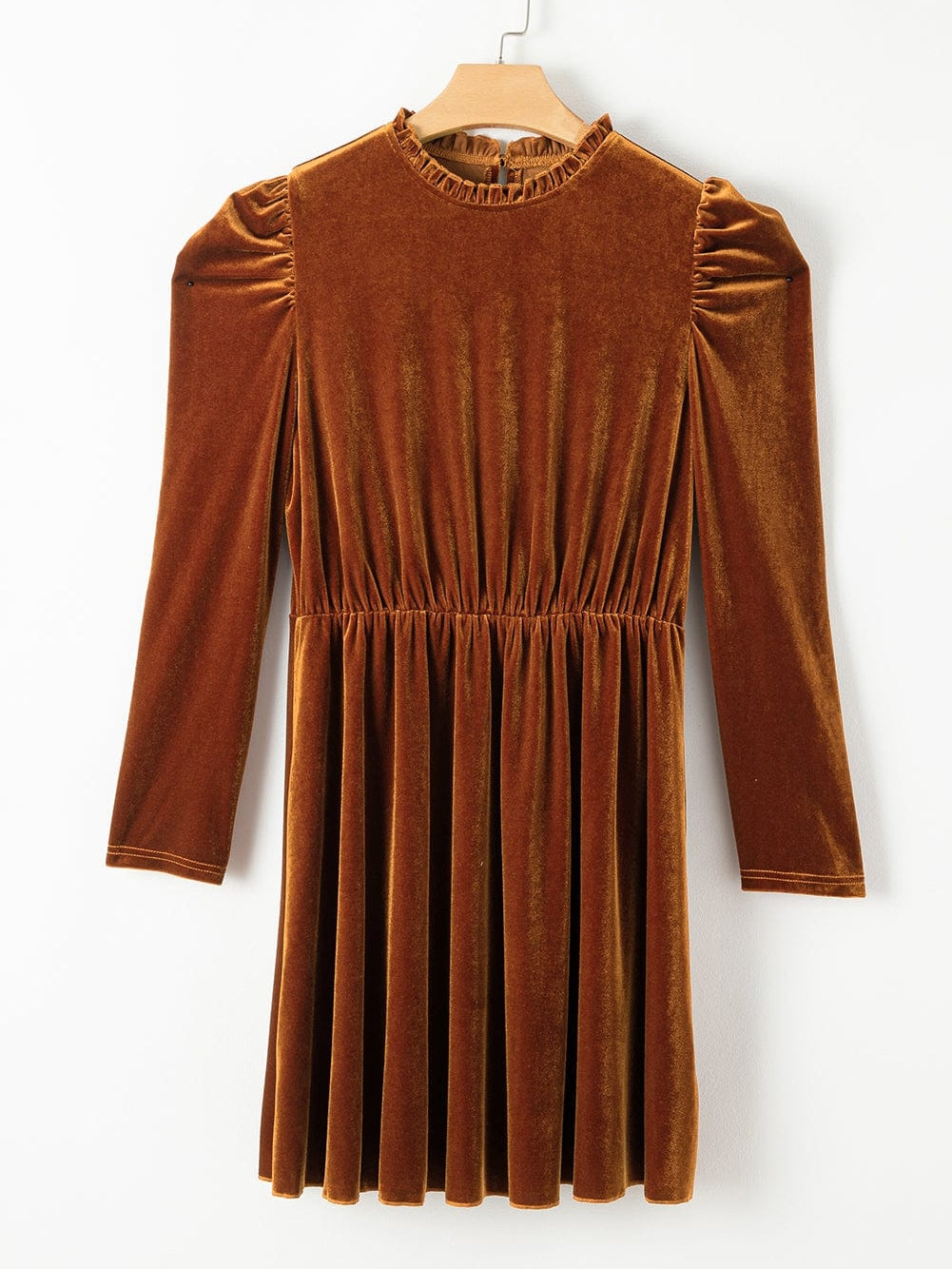 Chestnut Velour Ruffled Neck Gigot Sleeve Swing Frock
