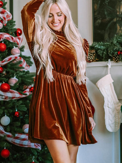 Chestnut Velour Ruffled Neck Gigot Sleeve Swing Frock
