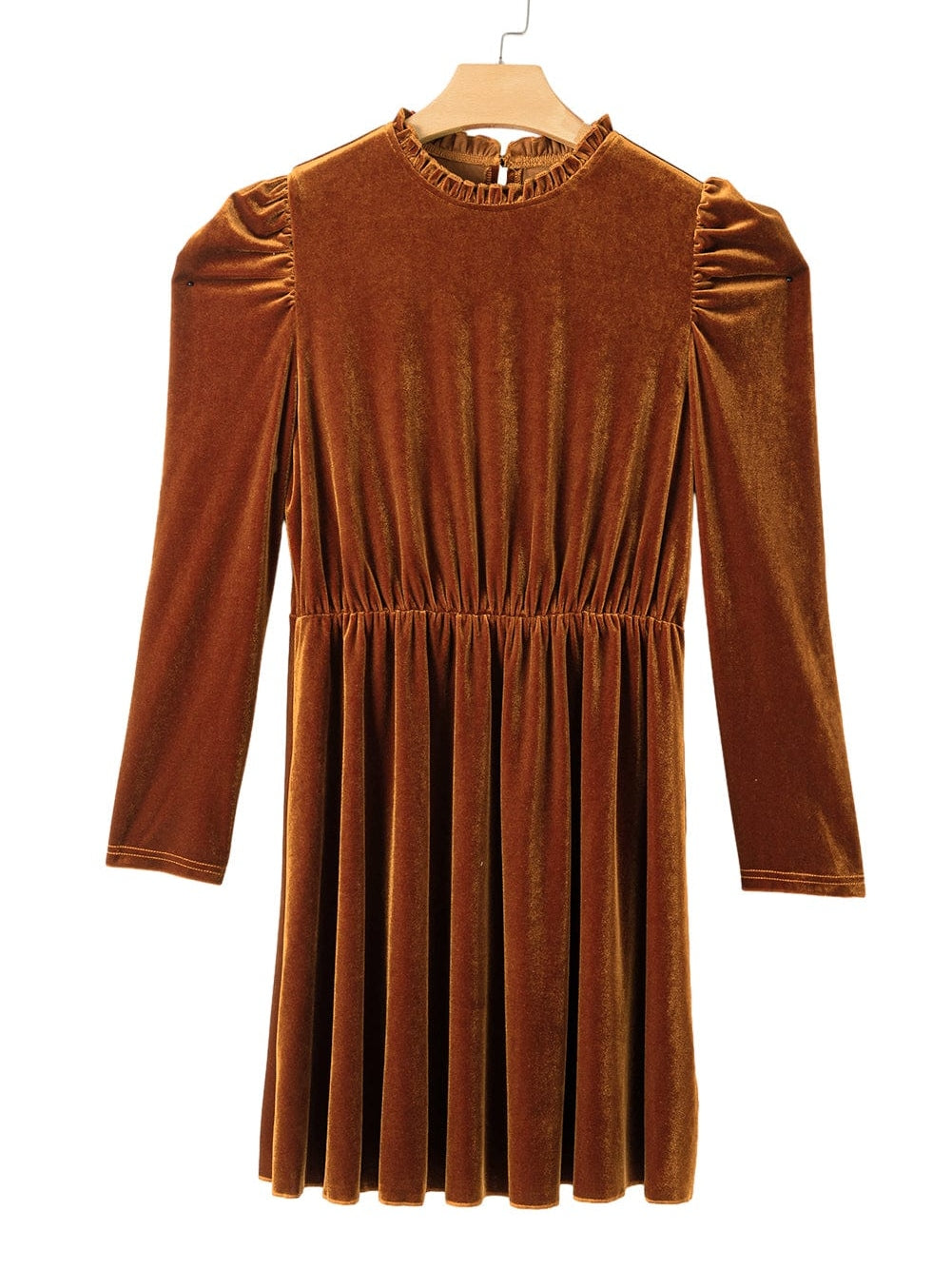 Chestnut Velour Ruffled Neck Gigot Sleeve Swing Frock